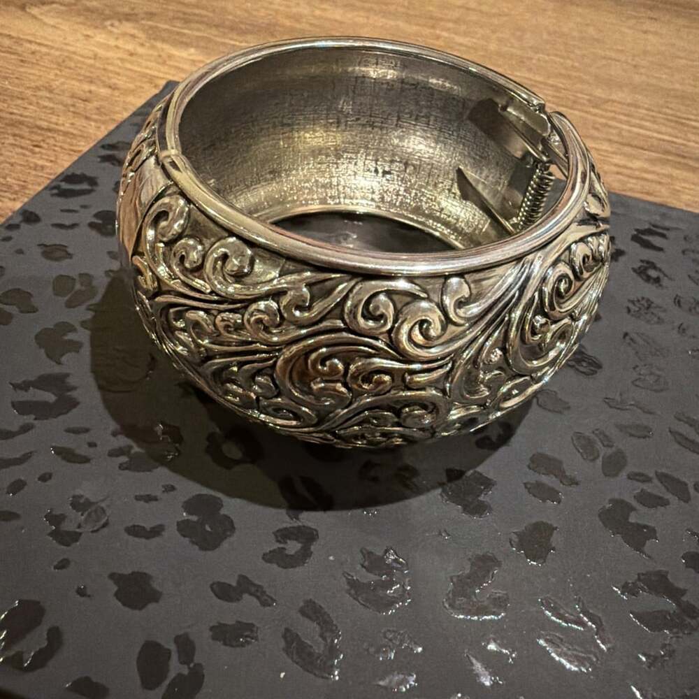 Etched Tooled Silver Tone Hinged Wide Bangle Bracelet Statement Chunky Boho